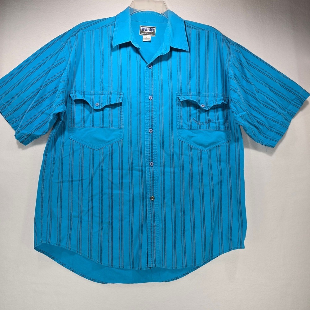 Vintage 90s Bugle Boy Mens Short‎ Sleeve Button Up Shirt Blue Striped Large